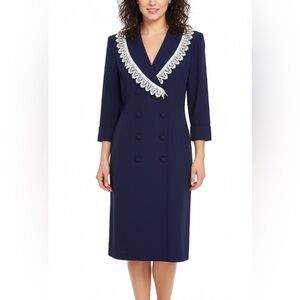 Vintage 80s Paris Sport Club Elegant Navy White Lace Collar Midi Dress Sz M